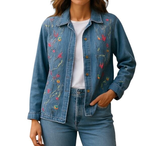 Tudor Court Blue Denim Floral Embroidered Vintage Top Shirt Shacket Large - Picture 4 of 5